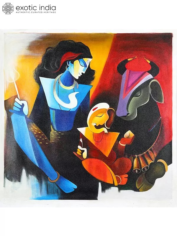 Lord Shiva with Baby Ganesha and Nandi | Oil Painting
