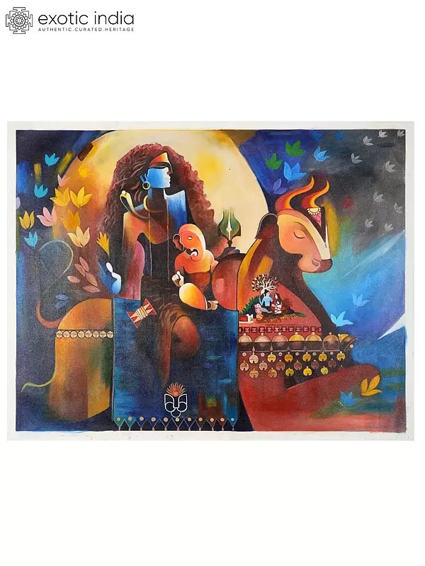 Lord Shiva with Son Ganesha Seated on Nandi | Oil Painting