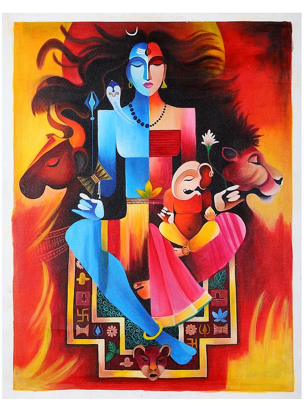 Ardhanarishvara (Shiva-Shakti) with Ganesha | Oil Painting