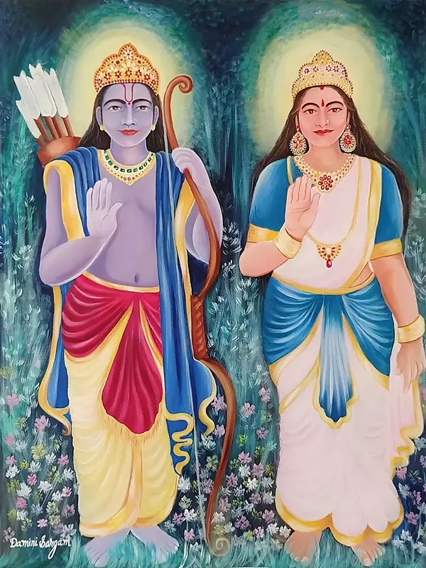 Ram And Sita In Blessing Gesture | Acrylic On Canvas | By Damini Sargam