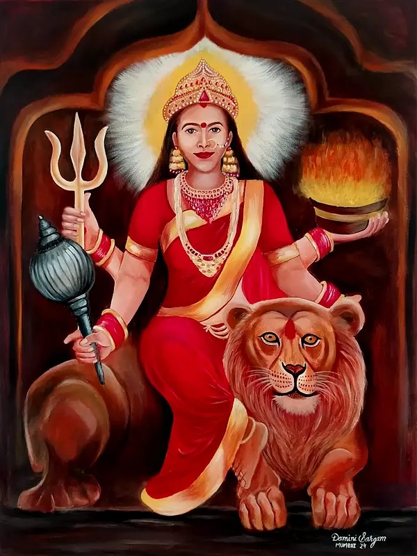 Goddess Parvati Seated On Lion | Acrylic On Canvas | By Damini Sargam