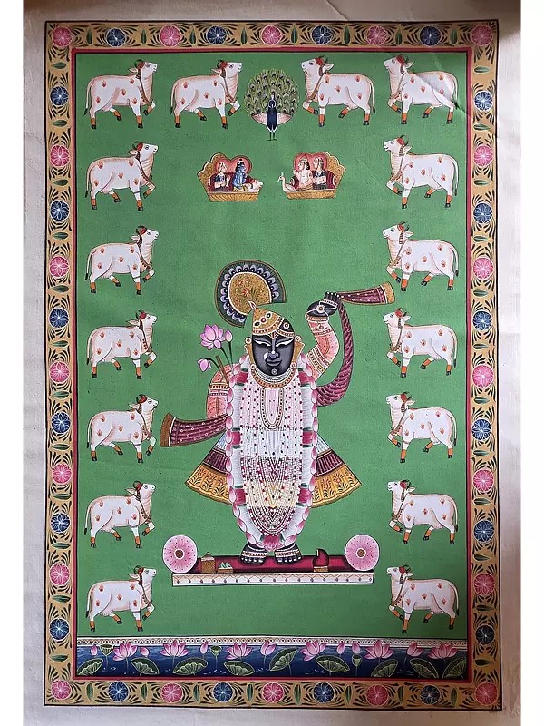 Lord Shrinathji With Cow | Watercolor On Cotton | Pichwai Art