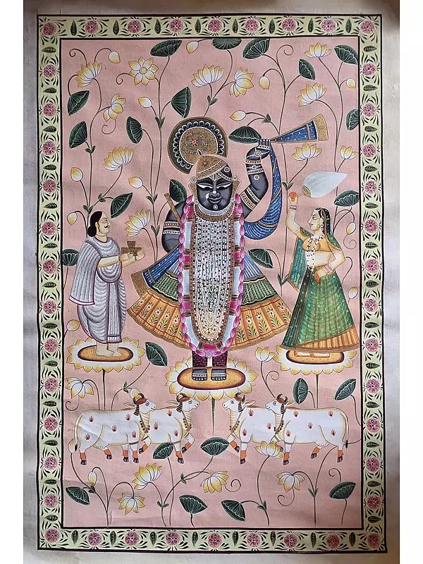 Shrinathji With Devotees | Watercolor On Cotton | Pichwai Art