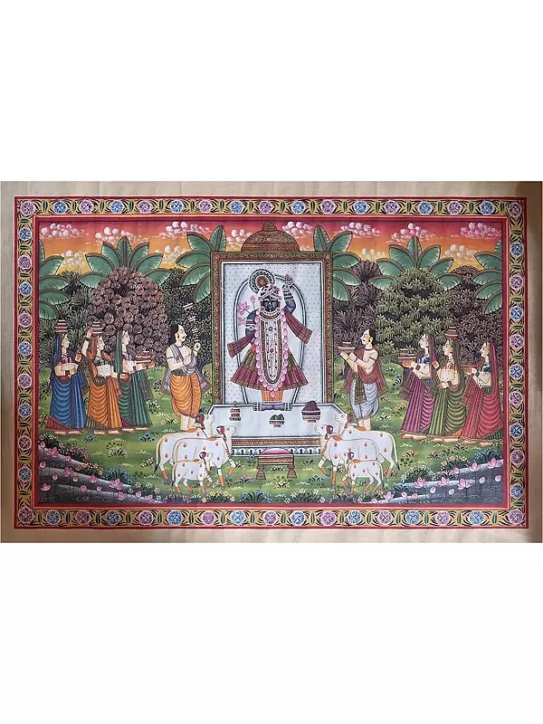 Devotees Worship Shrinathji | Watercolor On Cotton | Pichwai Art