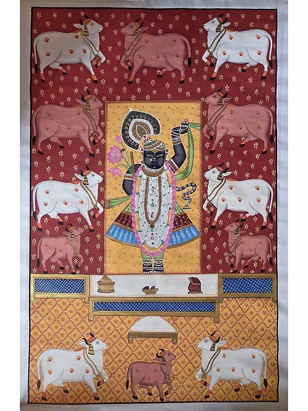 Shrinathji With Cow | Pichwai Art | Watercolor On Cotton