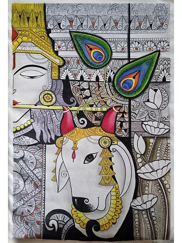 Lord Krishna With Cow | Watercolor On Cotton | Pichwai Art