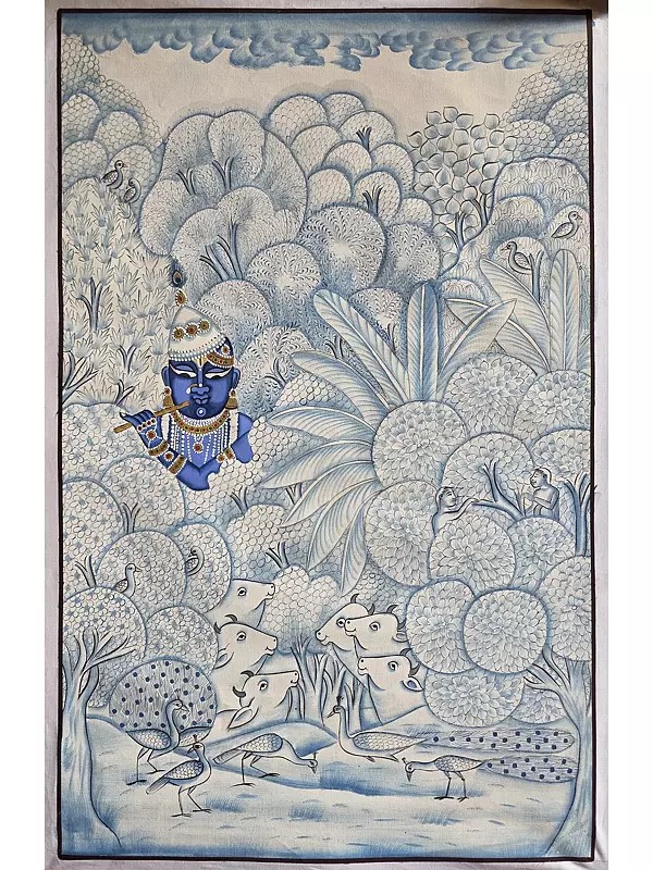 Shrinathji Under The Forest With Cow | Pichwai Art | Watercolor On Cotton
