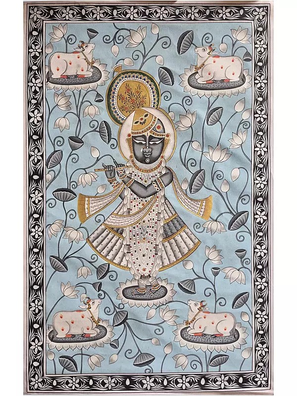 Shrinathji Playing Flute | Pichwai Art | Watercolor On Cotton