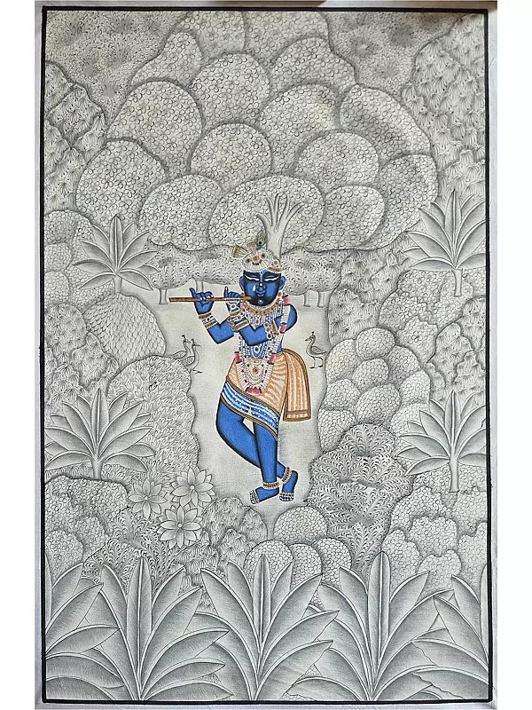 Divine Shrinathji With Flute | Pichwai Art | Watercolor On Cotton