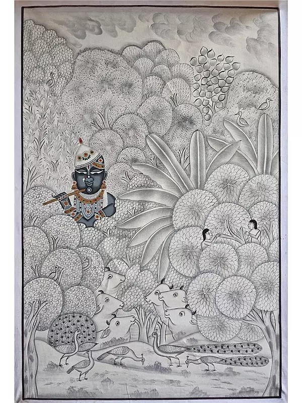 Shrinathji Holding Flute | Pichwai Art | Watercolor On Cotton