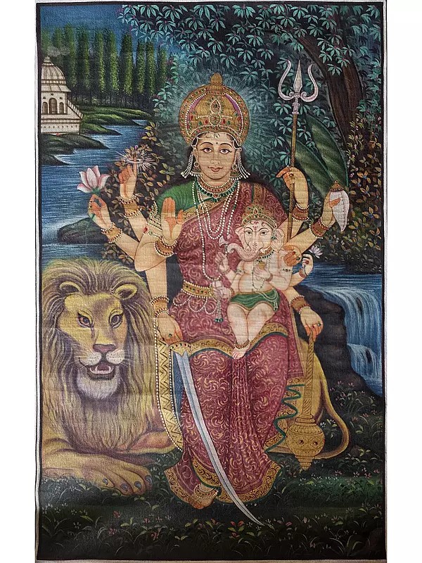 Goddess Parvati With Baby Ganesha | Pichwai Art | Watercolor On Cotton