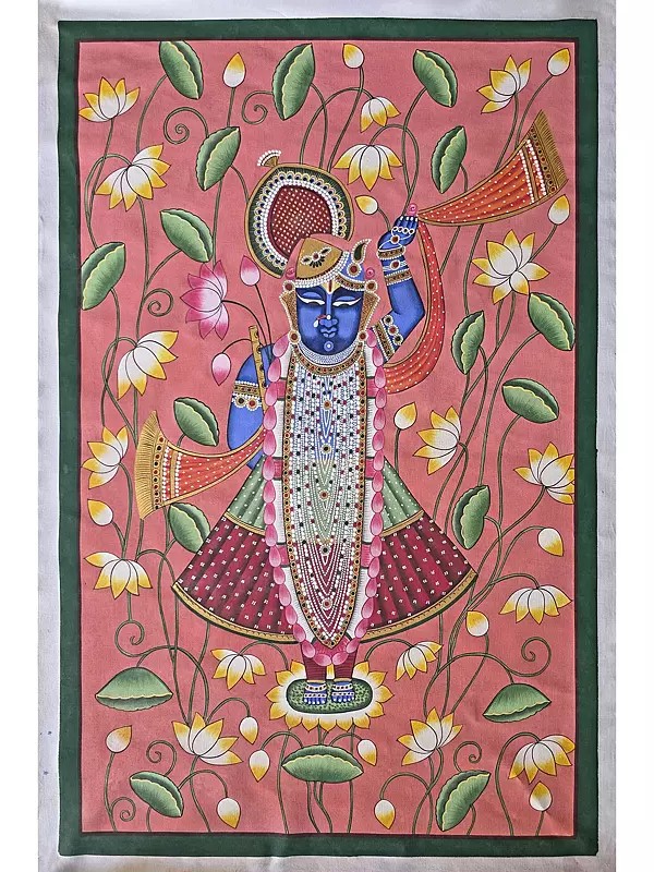 Standing Lord Shrinathji With Lotus | Pichwai Art | Watercolor On Cotton