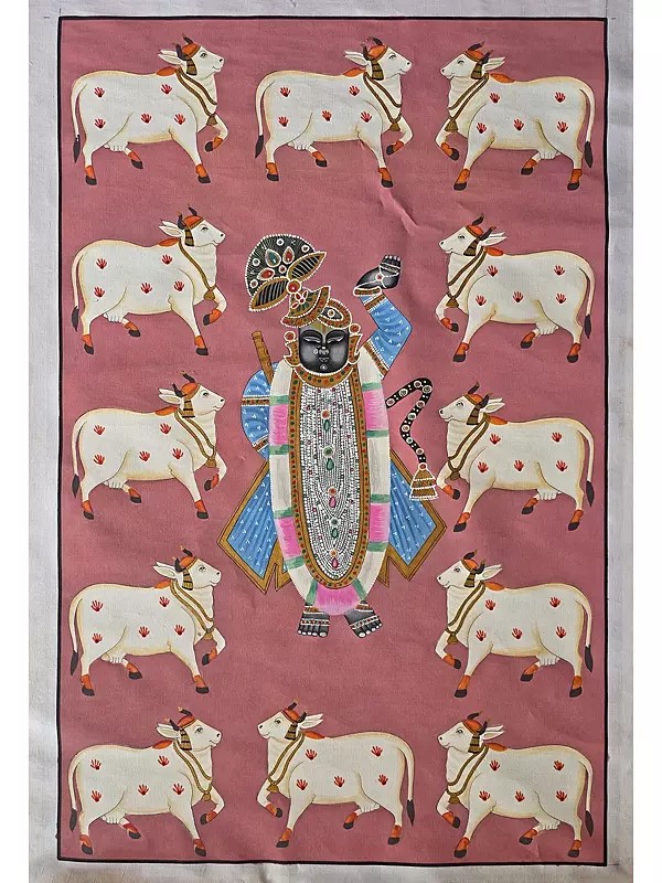 Pichwai Painting Of Lord Shrinathji With Cow | Pichwai Art | Watercolor On Cotton