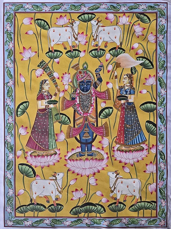 Worship Of Lord Shrinathji | Watercolor On Cotton | Pichwai Art