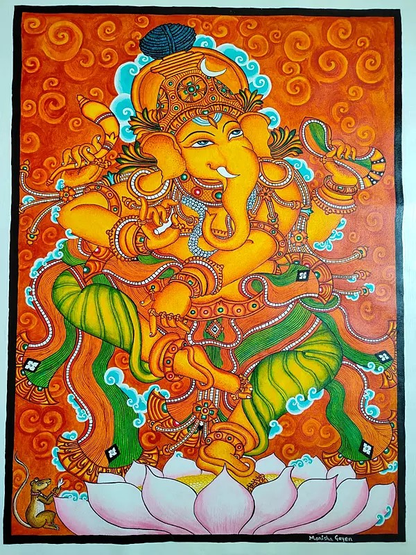 Dancing Lord Ganesha | Acrylic On Canvas | Traditional Kerala Mural Art