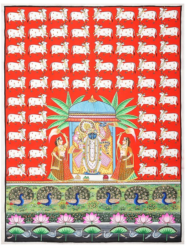 Shrinathji with Cows and Peacocks | Pichwai Painting