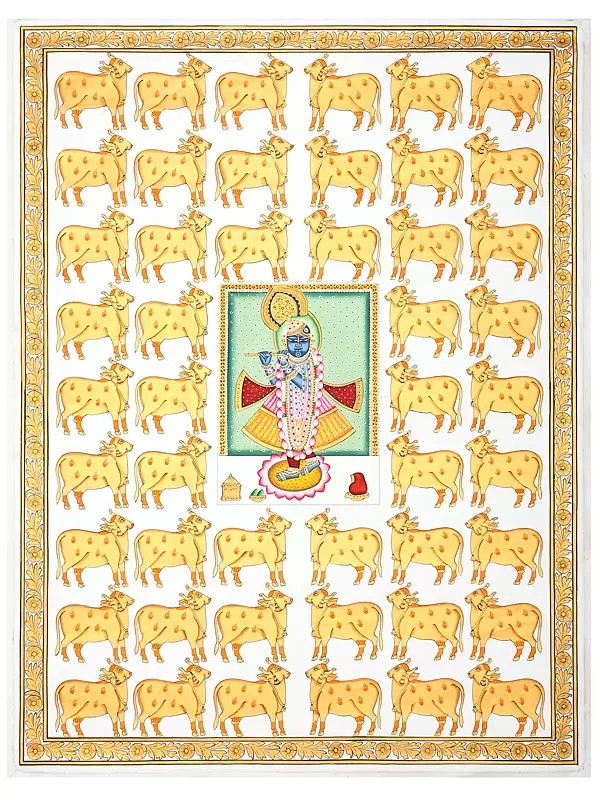 Shrinathji Playing Flute with Cows | Pichwai Painting