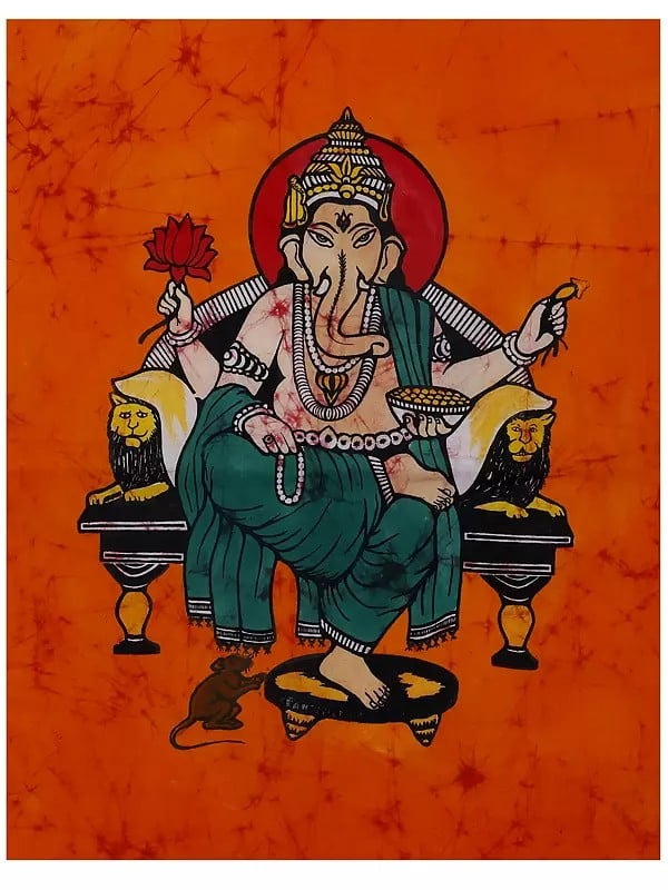 Lord Ganesha Seated on Throne | Batik Painting