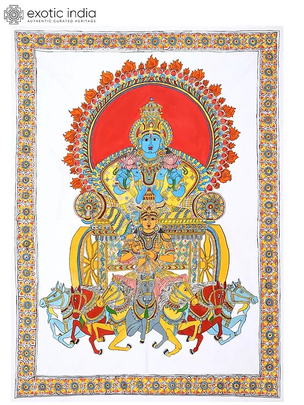 Sun God On Chariot With Seven Horses | Kalamkari Painting On Cotton