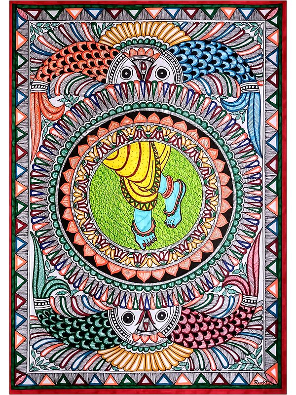 Madhubani Krishna Lotus Feet Painting | Alcohol Markers And Fineliners On Paper | By Ruchi