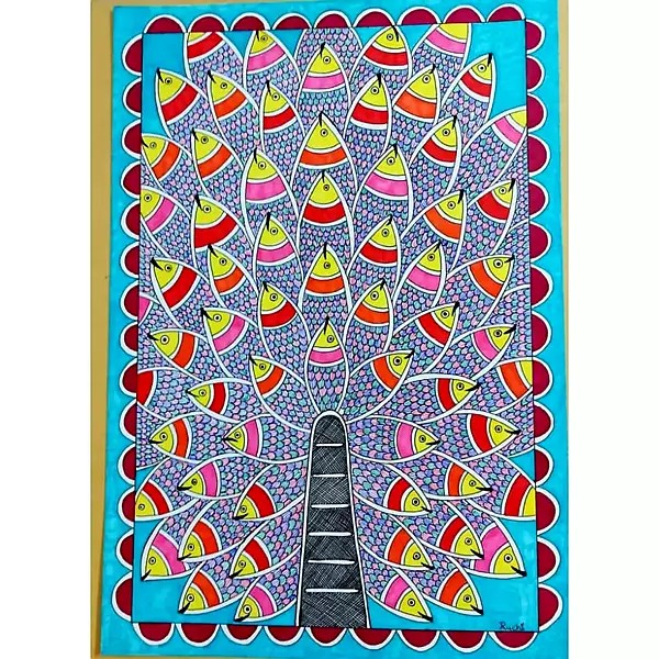 Madhubani Life Of Tree With Fishes Painting | Alcohol Markers And Fineliners On Paper | By Ruchi