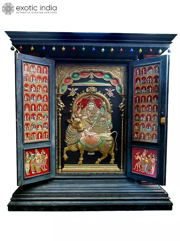 Huge Tanjore Mandapam of Lord Shiva and Parvati | Shipped by Sea Overseas | 24 Karat Gold