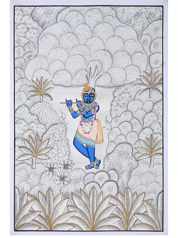 Lord Shrinathji Playing Flute In Forest | Pichwai Art