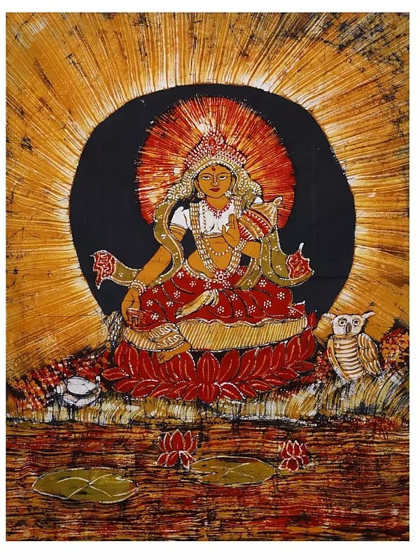 Goddess Lakshmi with Wealth Pot and Owl | Batik Painting