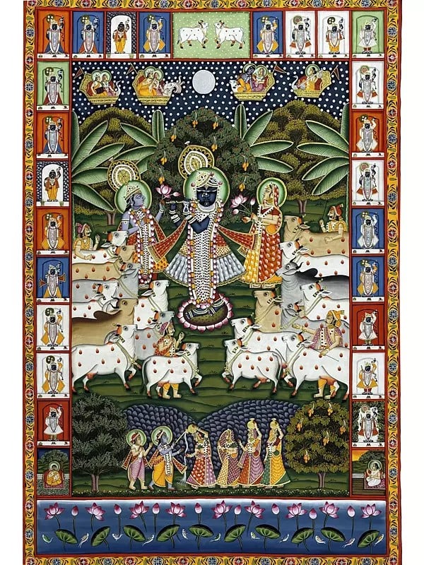 Lord Shrinathji With Cows Pichwai Painting | Natural Color On Cloth | By Dheeraj Munot