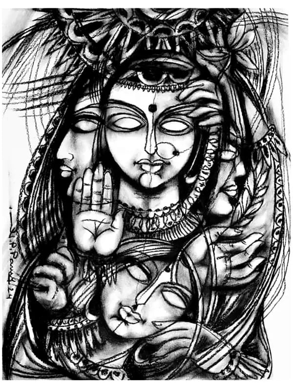 Blessing Goddess | Charcoal On Paper | By N P Pandey