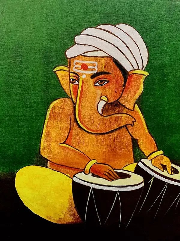 Lord Ganesha With Playing Tabla | Acrylic On Canvas | By Garima Rathi