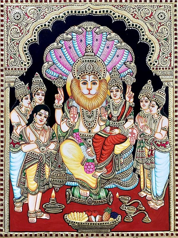 Seated Lord Narasimha And Lakshmi | Tanjore Painting | Traditional Colors With Gold Work