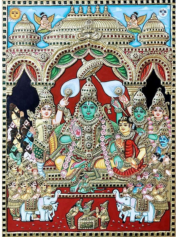 Pattabhishekam - Lord Ram | Tanjore Painting | Traditional Colors With Gold Work