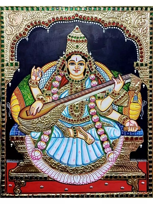 Goddess Saraswati Playing Sitar | Tanjore Painting | Traditional Colors With Gold Work