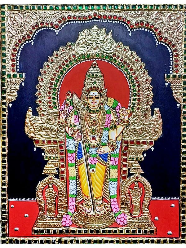 Four Armed Lord Murugan | Tanjore Painting | Traditional Colors With Gold Work