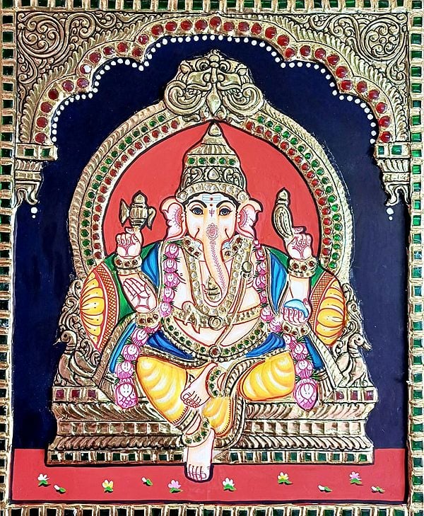 Lord Ganesha Seated On Kirtimukha Asana | Tanjore Painting | Traditional Colors With Gold Work