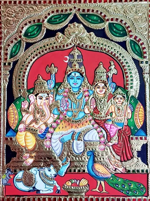 Lord Shiva With Family | Tanjore Painting | Traditional Colors With Gold Work