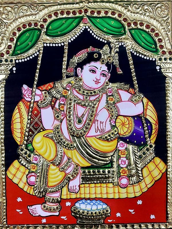 Lord Krishna Seated On Swing | Tanjore Painting | Traditional Colors With Gold Work