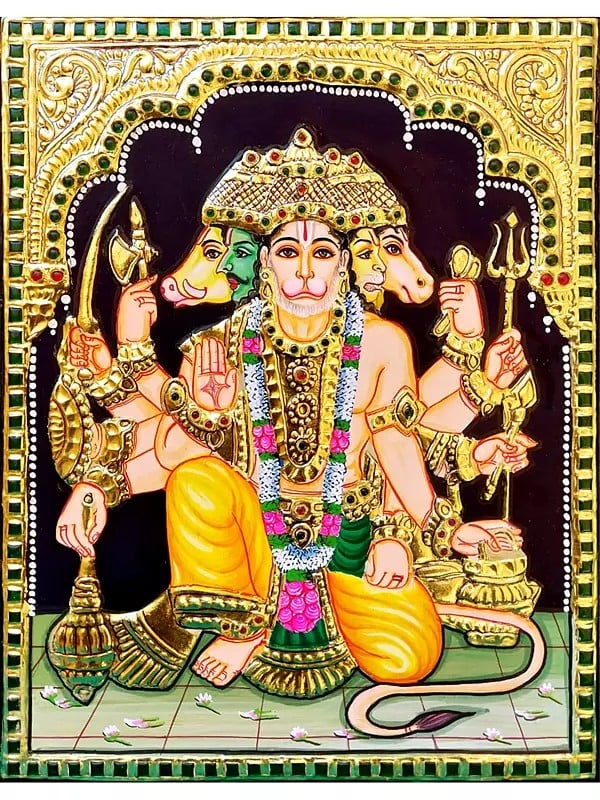 Panchamukhi Hanuman | Tanjore Painting | Traditional Colors With Gold Work