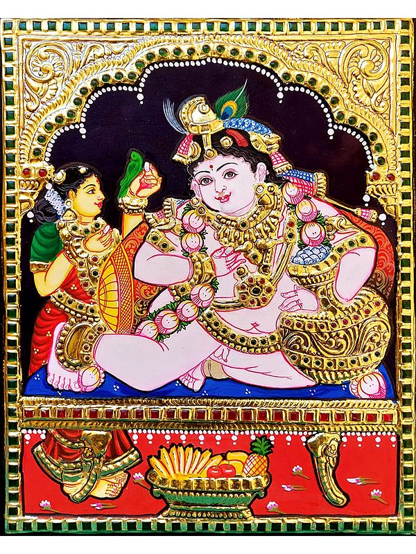 Lord Krishna With Butter | Tanjore Painting | Traditional Colors With Gold Work