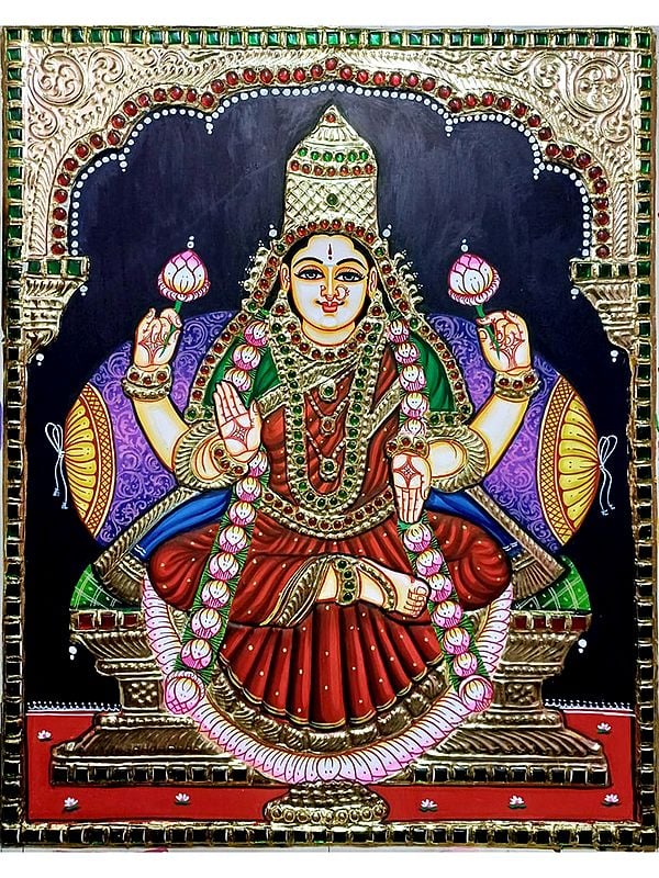 Chaturbhuja Goddess Lakshmi | Tanjore Painting | Traditional Colors With Gold Work