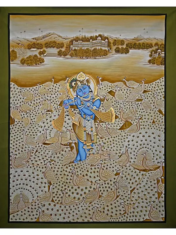 The Fluting Krishna With Peacocks | Pichwai Painting | Stone Color On Cotton Cloth | By Narendra Kumar