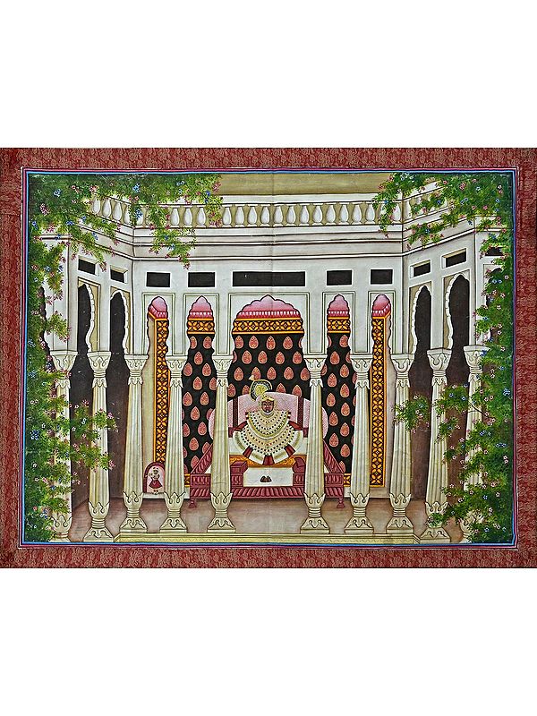 Shrinathji In Palace | Pichwai Painting | Stone Color On Cotton Cloth | By Narendra Kumar