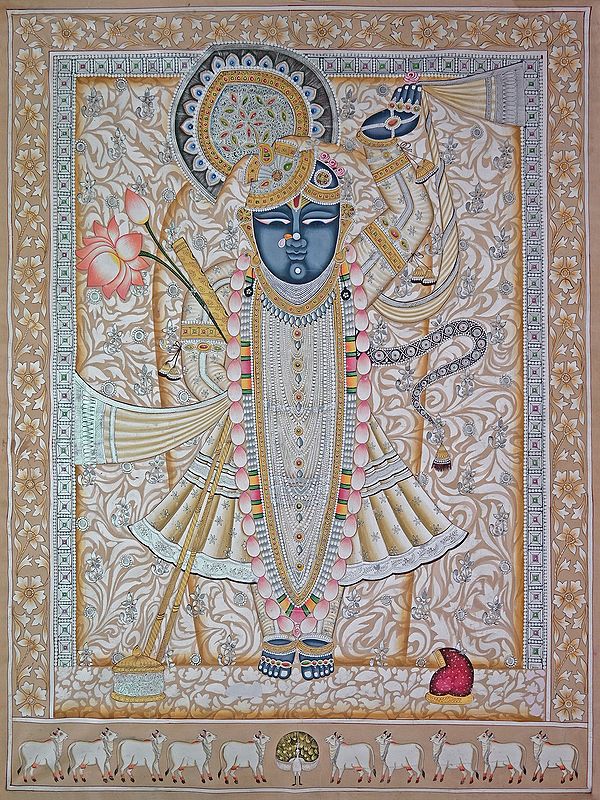 Shrinathji With Hold Lotus | Pichwai Painting | Stone Color On Cotton Cloth | By Narendra Kumar