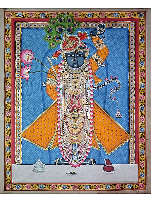 Attractive Shrinathji With Yellow Dress | Pichwai Painting | Stone Color On Cotton Cloth | By Narendra Kumar