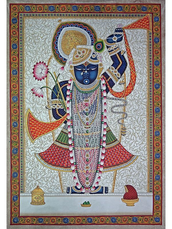 Shrinathji With Beautiful Ornaments | Pichwai Painting | Stone Color On Cotton Cloth | By Narendra Kumar