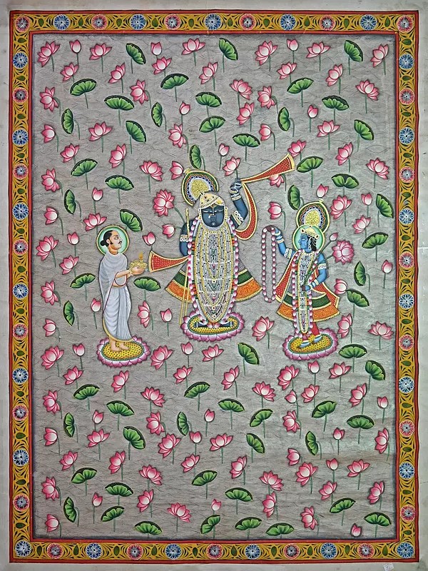 Divine Shrinathji With Saint And Lord Krishna | Pichwai Painting | Stone Color On Cotton Cloth | By Narendra Kumar