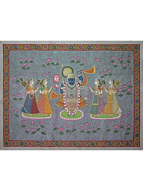 ShrinathJi With Gopis In Kamal Talai | Pichwai Painting | Stone Color On Cotton Cloth | By Narendra Kumar