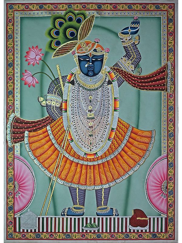 Lord Krishna As Shrinathji | Pichwai Painting | Stone Color On Cotton Cloth | By Narendra Kumar