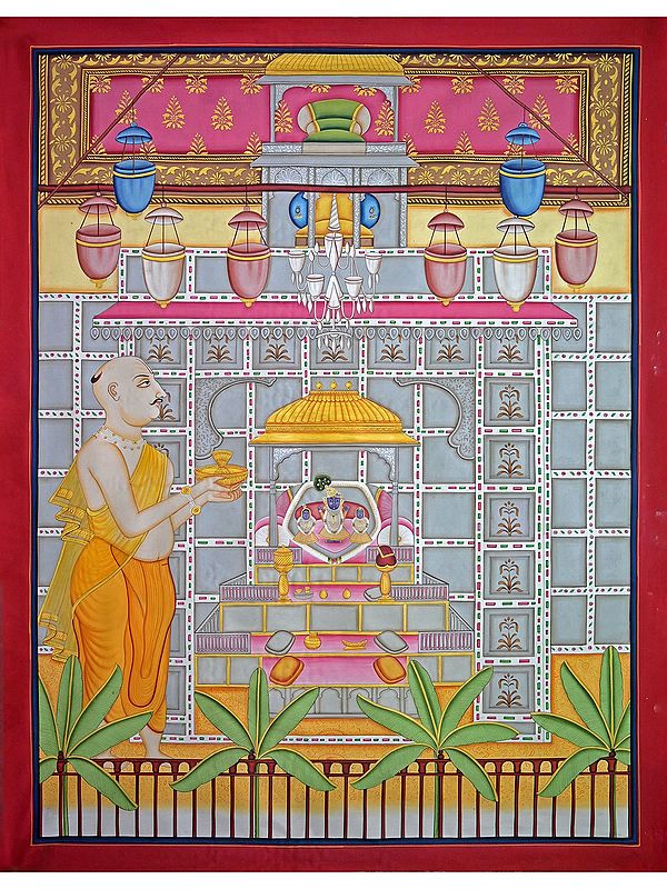 ShrinathJi Aarti With Saint | Pichwai Painting | Stone Color On Cotton Cloth | By Narendra Kumar